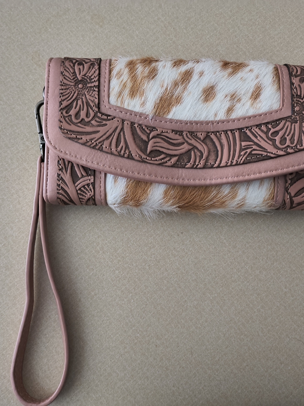 Montana West Pink Tooled Leather & Cowhide Wristlet Clutch with Brown Spots